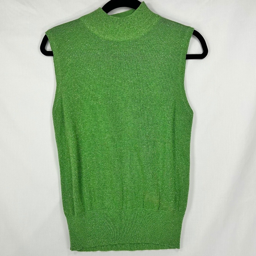 Vintage Patchington Metallic Apple Green Knit Sweater Vest Top Mock Neck (M)